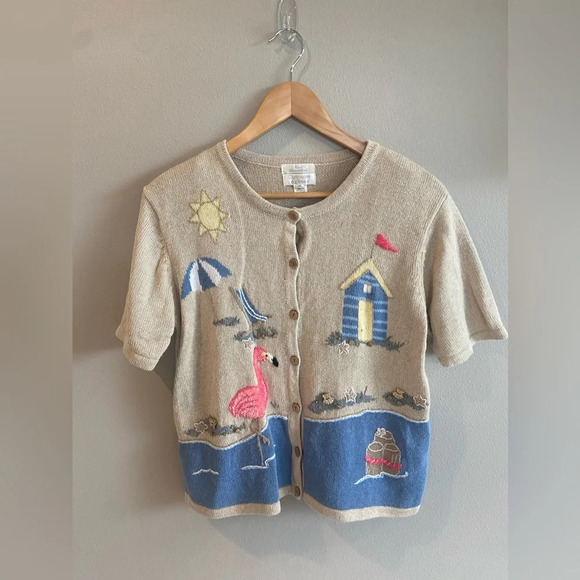 Christopher & Banks Sweaters - CHRISTOPHER & BANKS Hand Embroidered Short Sleeve Button Up Sweater 2003 Size M